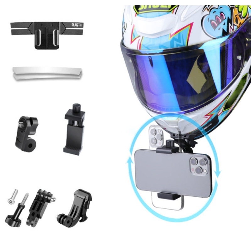 RUIGPRO Action Camera Phone Helmet Mount Kit with J-Hook Buckle & Rotation Phone Clamp & Adapter (Black)